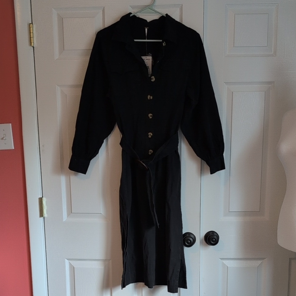 Free People Black Button-Up Belted Shirtdress NWT